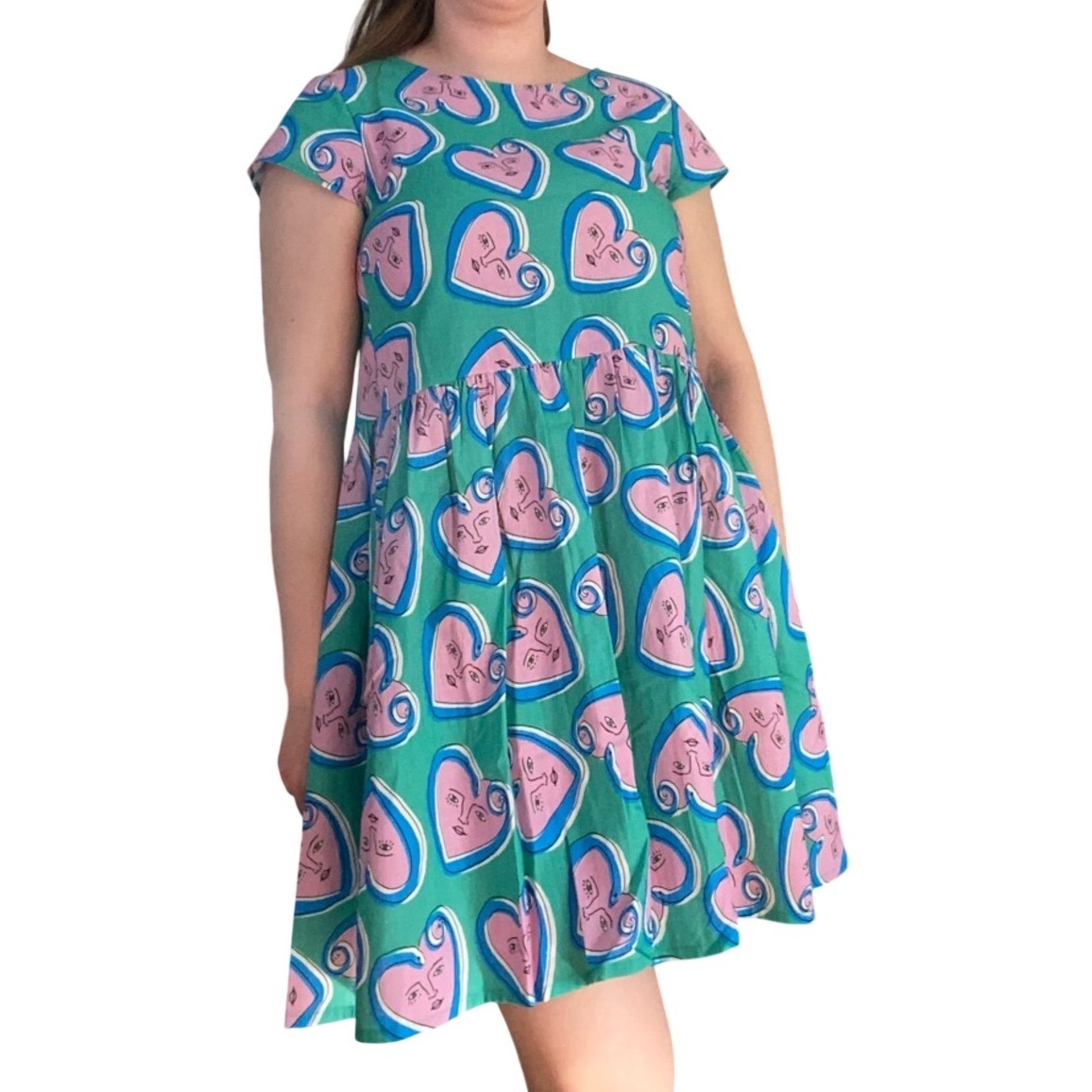 Gorman Green Pink Face Heart Snake Print Mini Dress Short Sleeve Artsy Unique